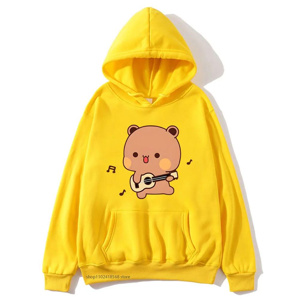 Cute Pretty BuBu Panda in Flowery Head Piece Hoodie DuDu Bear Dancing and Playing with A Guitar Sweatshirt Women Tops