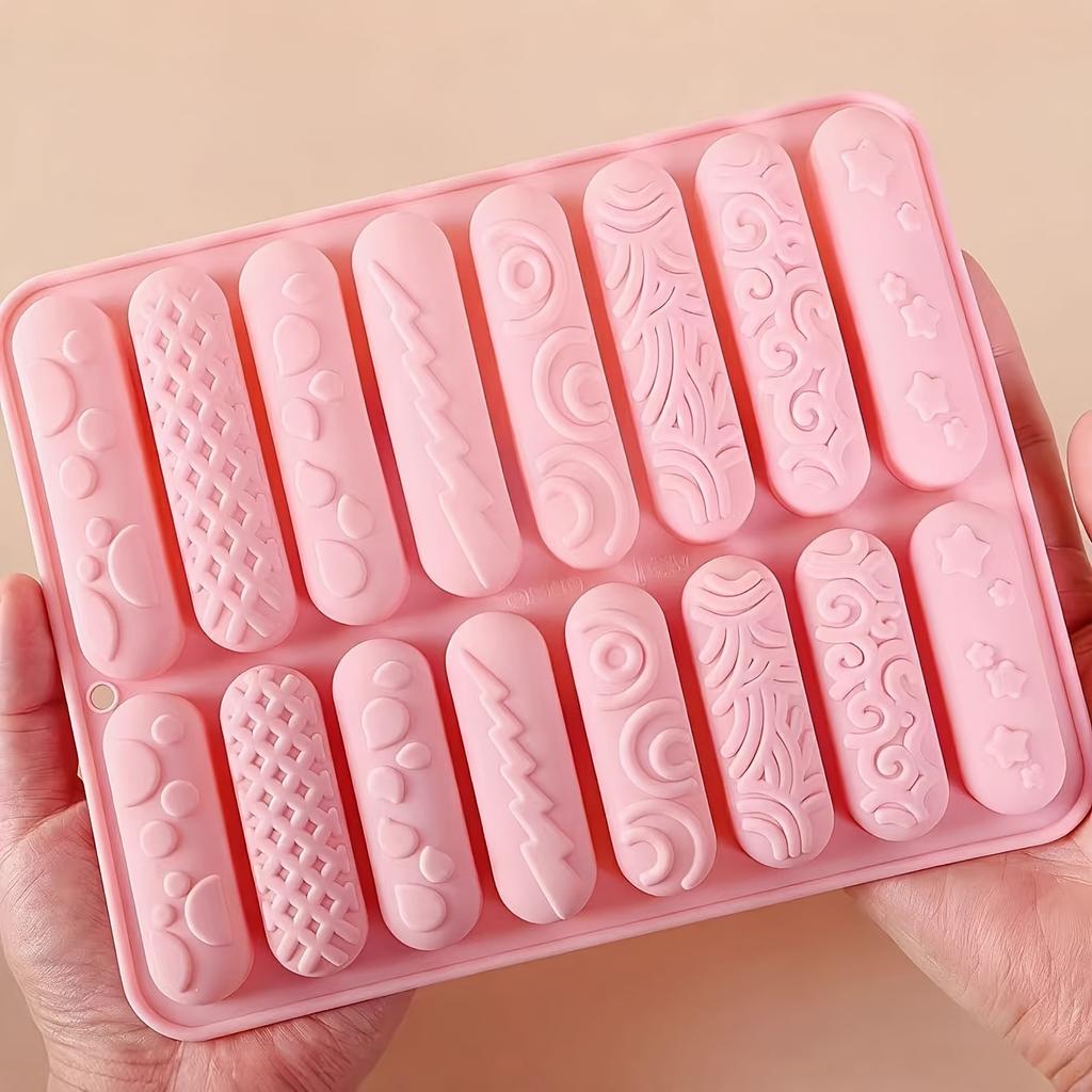 1pc 16-Hole Different Texture Long Strip Bar Molds, Silicone Chocolate Cookie Molds, Long Strip Candy Baking Molds