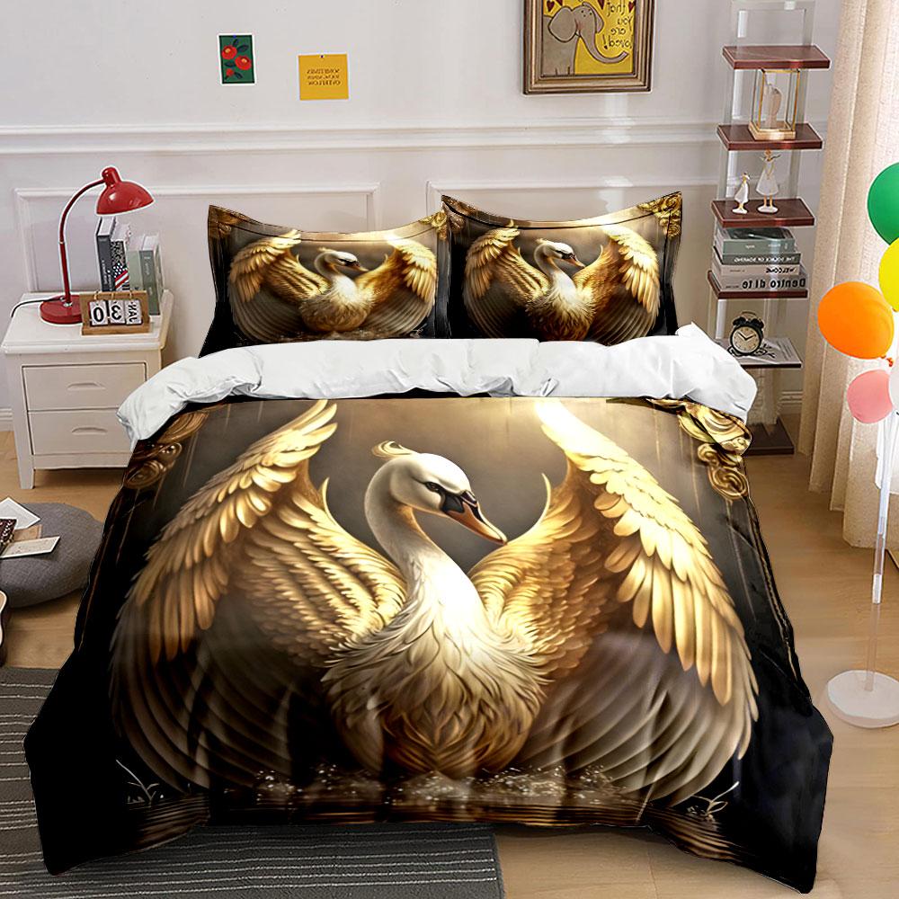 Goldener Schwan Dekoration Set - Elegantes Display Hautfreundliches Bettwäsche Set Beinhaltet 1 Bettbezug Und 2 Kissenbezüge Geschenk