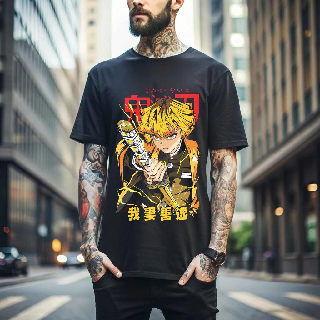 100% Cotton TOPS UNISEX TEES MENS WOMENS Agatsuma Zenitsu Shirt Demon Slayer Kimetsu No Yaiba Anime Black Shirt Gift 435