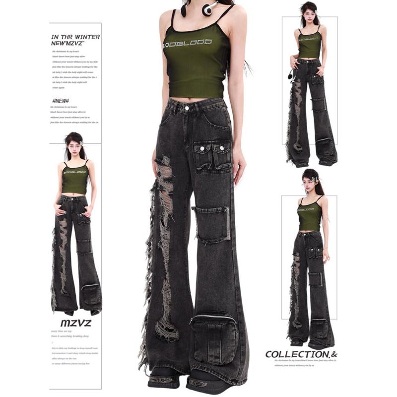 

Женские черные потертые джинсы Y2K Harajuku для женщин, брюки, широкие брюки, сплошные прямые летние джинсы 2024 года, прямые мешковатые брюки XXL чёрный