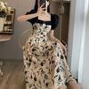 Floral Flower Long Dress Square Neck Short Sleeves Dress Sweet A-line Skirt  Daily
