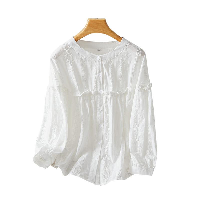 Crew Neck Embroidered Long-sleeved Shirt New Fungus Edge Lantern Sleeve Top Pure Cotton Crew Neck Shirt