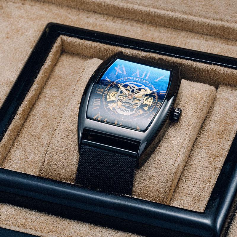 Finish 2027 Skull Face Mesh Strap Men's Waterproof Barrel-Shaped Tictok Watch with Leather Belt