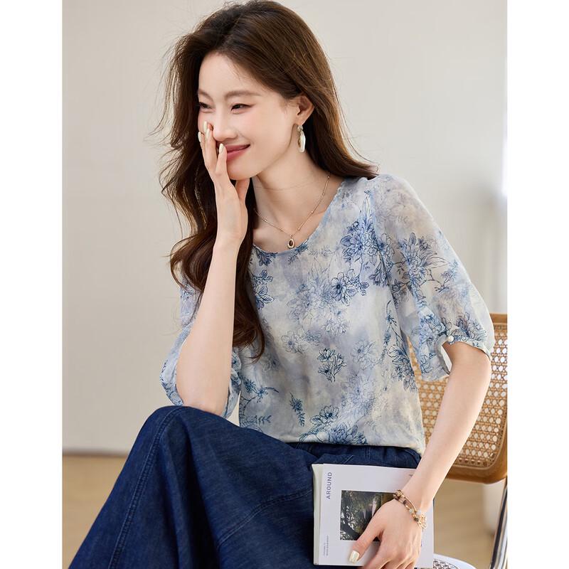 Oudifu Women s Printed Round Neck T-shirt XL