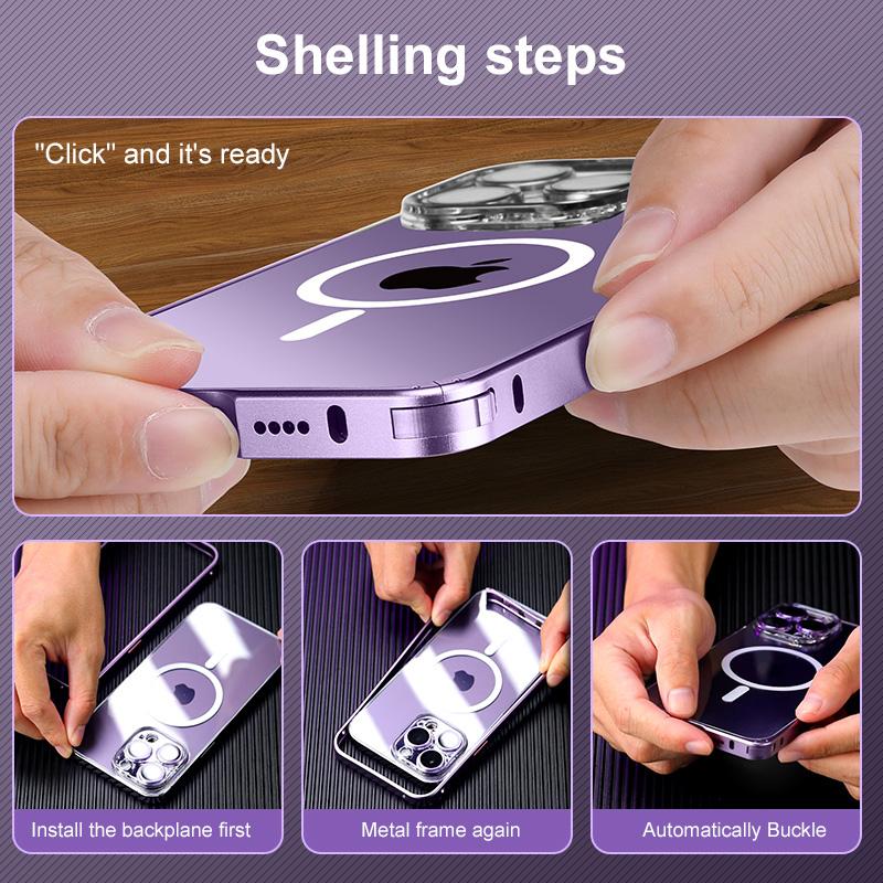 Mattierte Rückseite, magnetisches kabelloses Laden, Aluminium-Metall-Stoßstangenhülle für iPhone 12 13 14 Pro Max, Objektiv-Glasschutzfolie