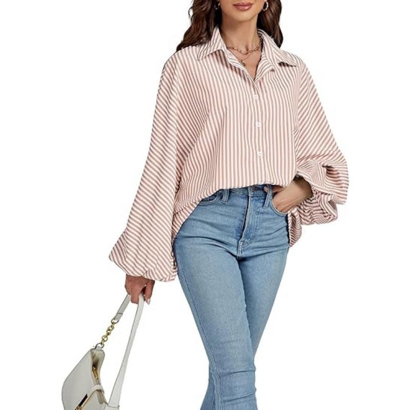 Women's Elegant Loose Casual Single Breasted Striped Shirt Lantern Sleeve Long Sleeve Lapel Shirt