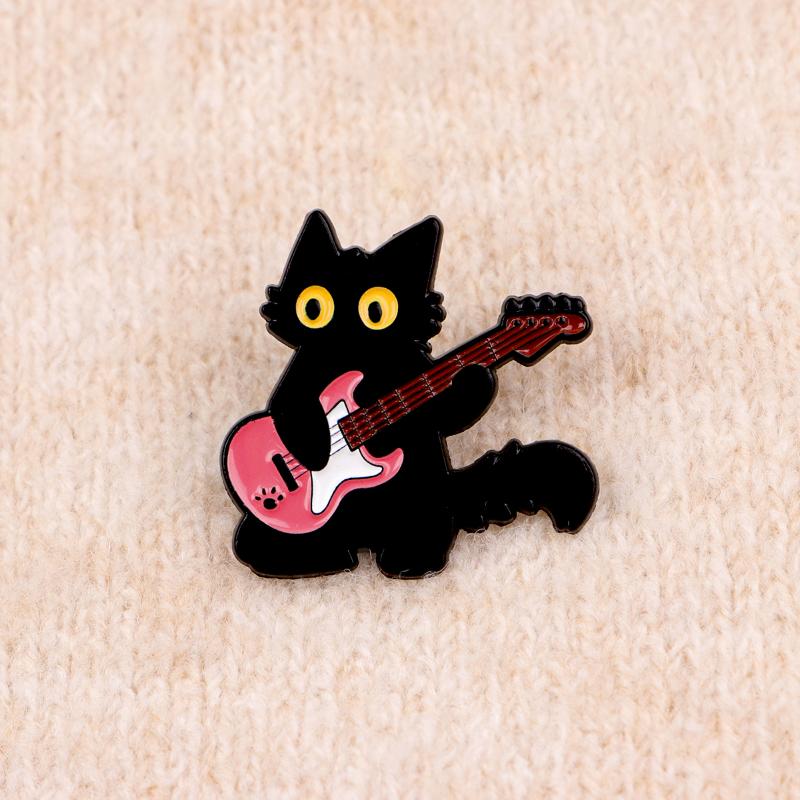 Kawaii Black Cat Enamel Pin Rock Guitar Music Brooches On Clothes Badge Bag Gothic Lapel Woman Men Jewelry Gifts For Friends