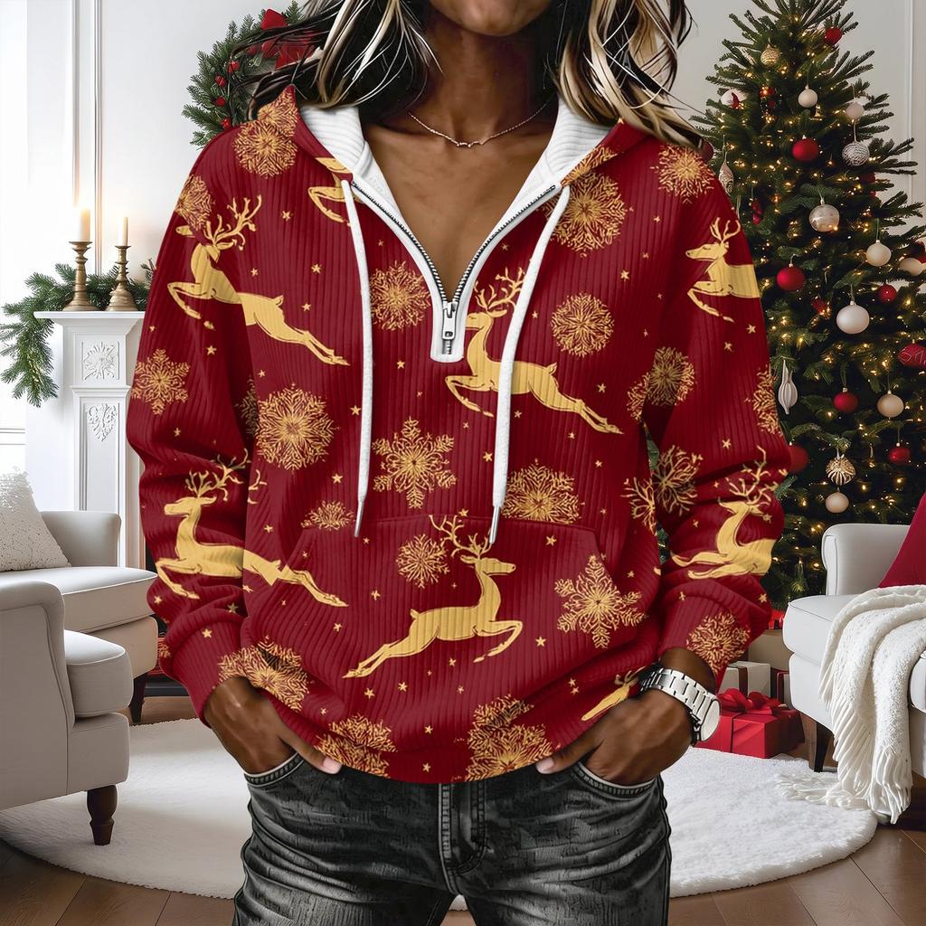 Women's Christmas Print Long Sleeve Hooded Pullover Sweatshirt