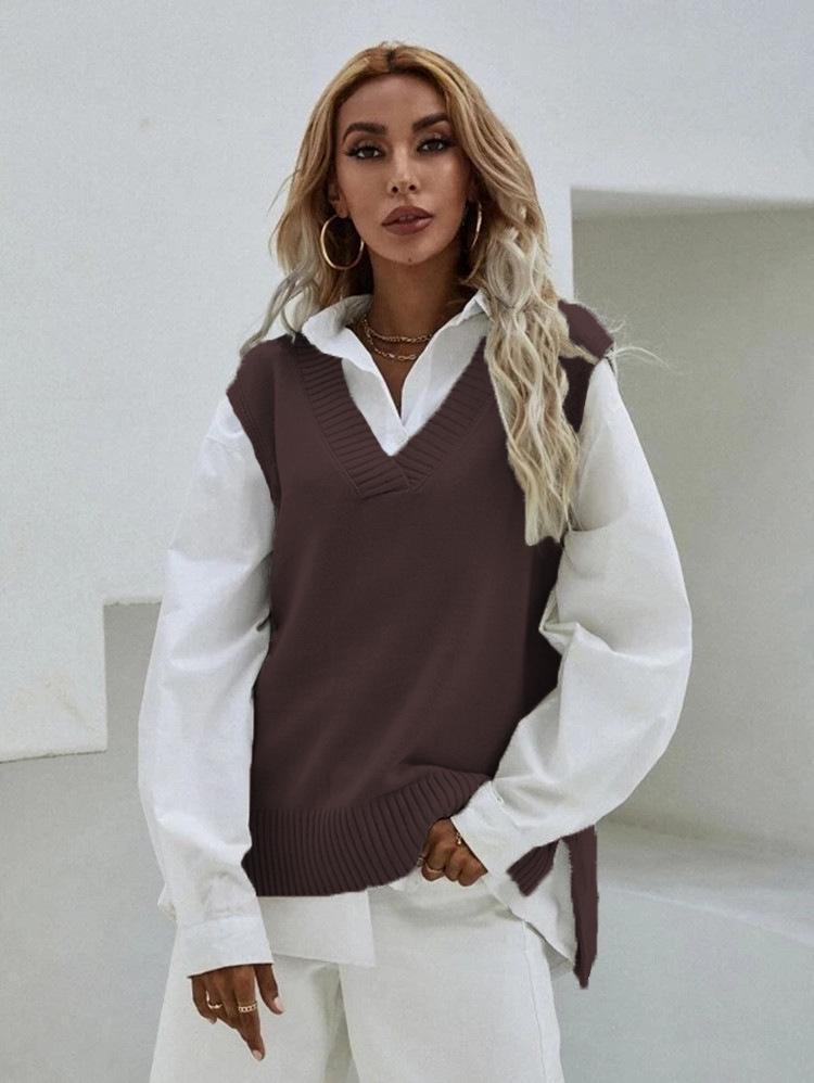 Dámská úzká bezrukávová vesta se svetrovým úpletem s výstřihem do V - Jarní kolekce