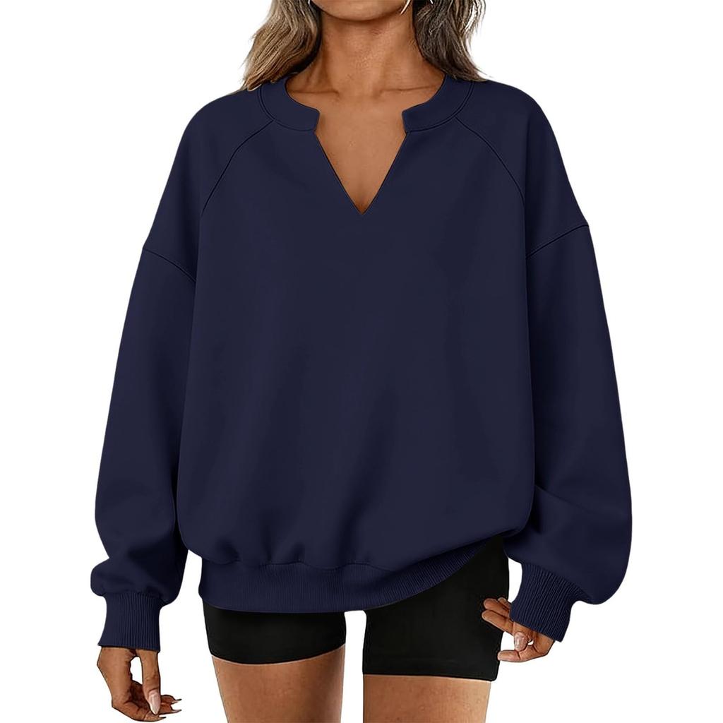 Women's Fashionable Solid Color V-neck Long Sleeved Sports Casual Pullover Sweatshirt Top