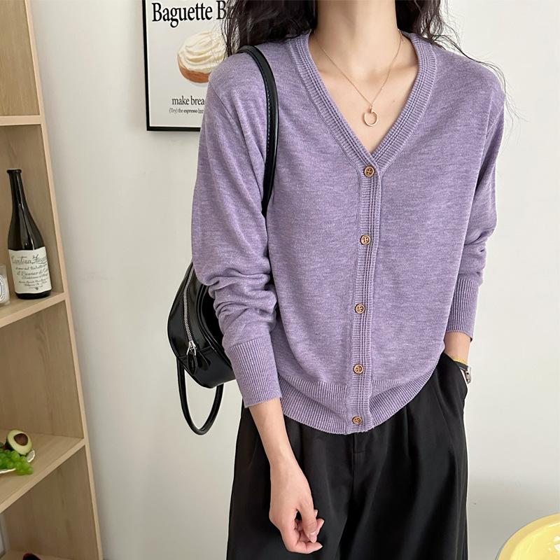 V-neck yellow long-sleeved knitted cardigan top, early autumn new lazy loose thin sweater jacket