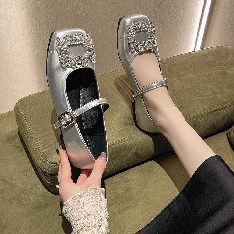 Fashion Women's Low Heel Shoes Spring New Square Head Shallow Mouth Rhinestone Metal Buckle Soft Sole Non-slip Low Top Shoes