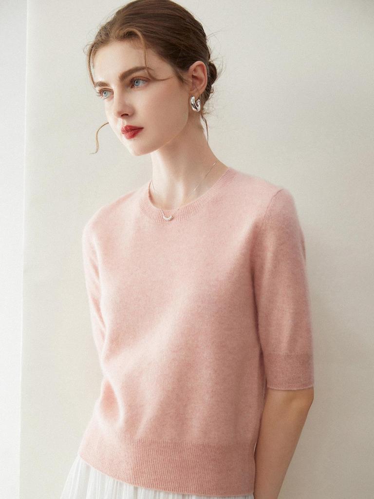 2026 Autumn/Winter Women's Pure Cashmere Short Sleeve Round Neck Loose Knit Sweater