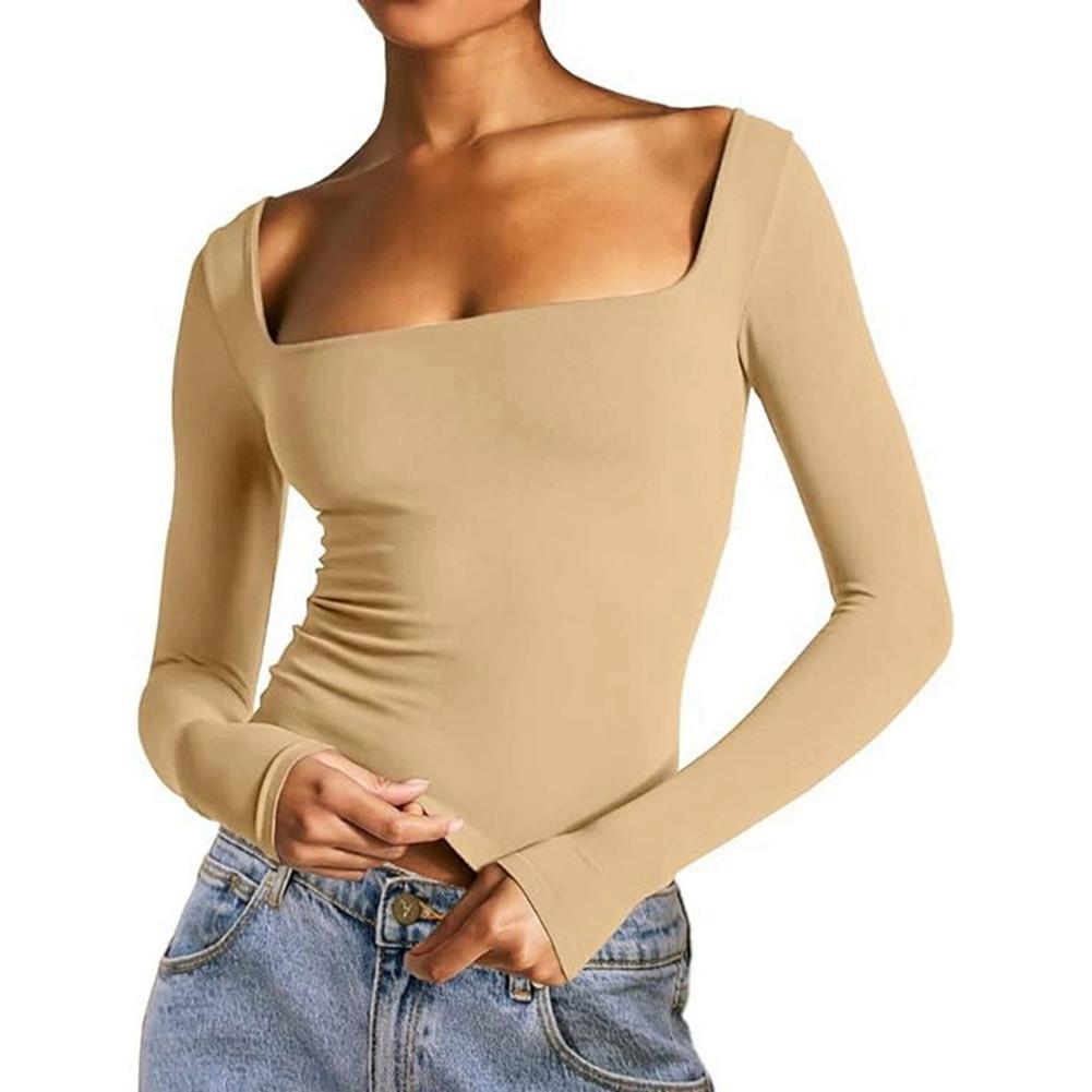 Women's Solid Color Square Collar Top,Slim Long-sleeved Top