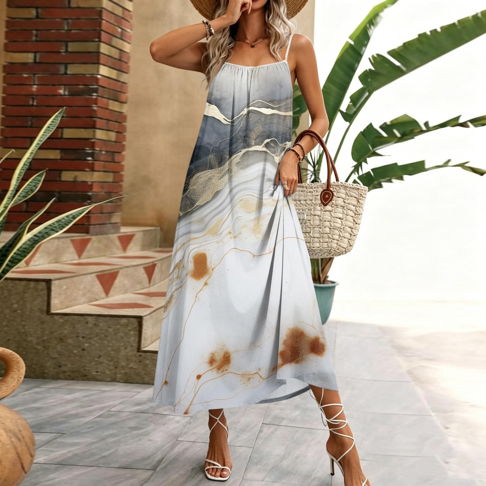 

Women s Sleeveless Maxi Dress Geometric Floral Print Lightweight Casual Long Dress for Home Vacation Beachwear S хаки