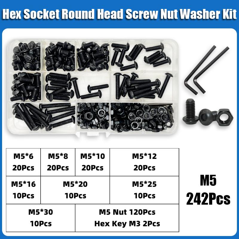 2510p Комплект винтов с шестигранной головкой и полукруглой головкой M2 M2.5 M3 M4 M5 M6, черные винты с шестигранной головкой класса 10.9, болты с гайками и шайбами ISO7380