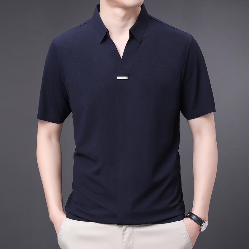 Thin Short-Sleeved Men'S Polo Shirt Casual V-Neck Half-Sleeved Bottoming Top T-Shirt Solid Color