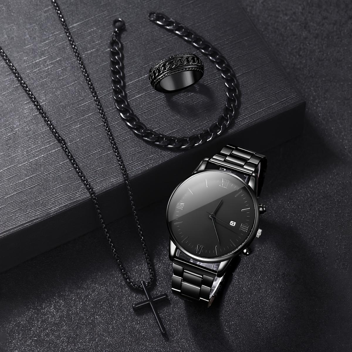 

4pcs-Men s Quartz Watch Set, Round Dial, Includes Cross Pendant Necklace, Bracelet & Ring, Perfect Gift (no Box) чёрный