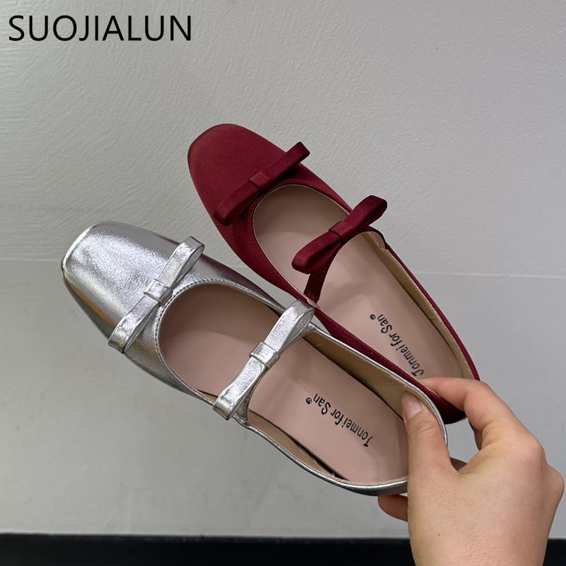 Fashion SUOJIALUN 2025 New Brand Women Flat Shoes Fashion Round Toe Shallow Slip On Bow-knot Ladies Elegant Single Shoes Soft Heel Boat