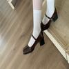 Pointed Retro Mary Jane Shoes Soft Leather Word with Shallow Mouth Thick High Heel Single Shoes Women's Versatile Commuter Shoes