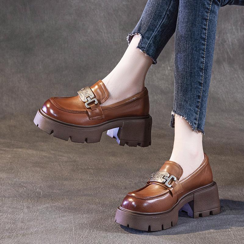 The first layer of cowhide loafers women's spring 2025 new leather muffin thick-soled one-pedal casual women's single shoes