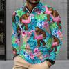Men s Plus Size Long Sleeve Quarter Zip Collared Polo Shirt Striped Palm Tree Print Beige Navy Blue