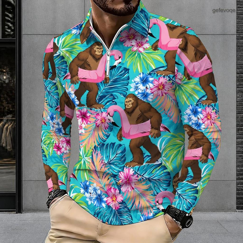 Men s Plus Size Long Sleeve Quarter Zip Collared Polo Shirt Striped Palm Tree Print Beige Navy Blue