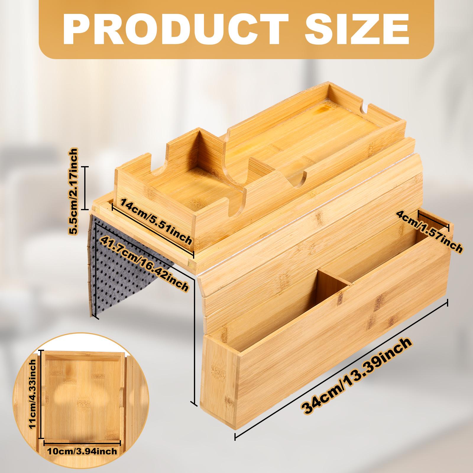 

Bamboo Couch Cup Holder with Side Storage Pocket Versatile Couch Arm Tray Organizer Non Slip Practical Sofa Armrest Tray Table