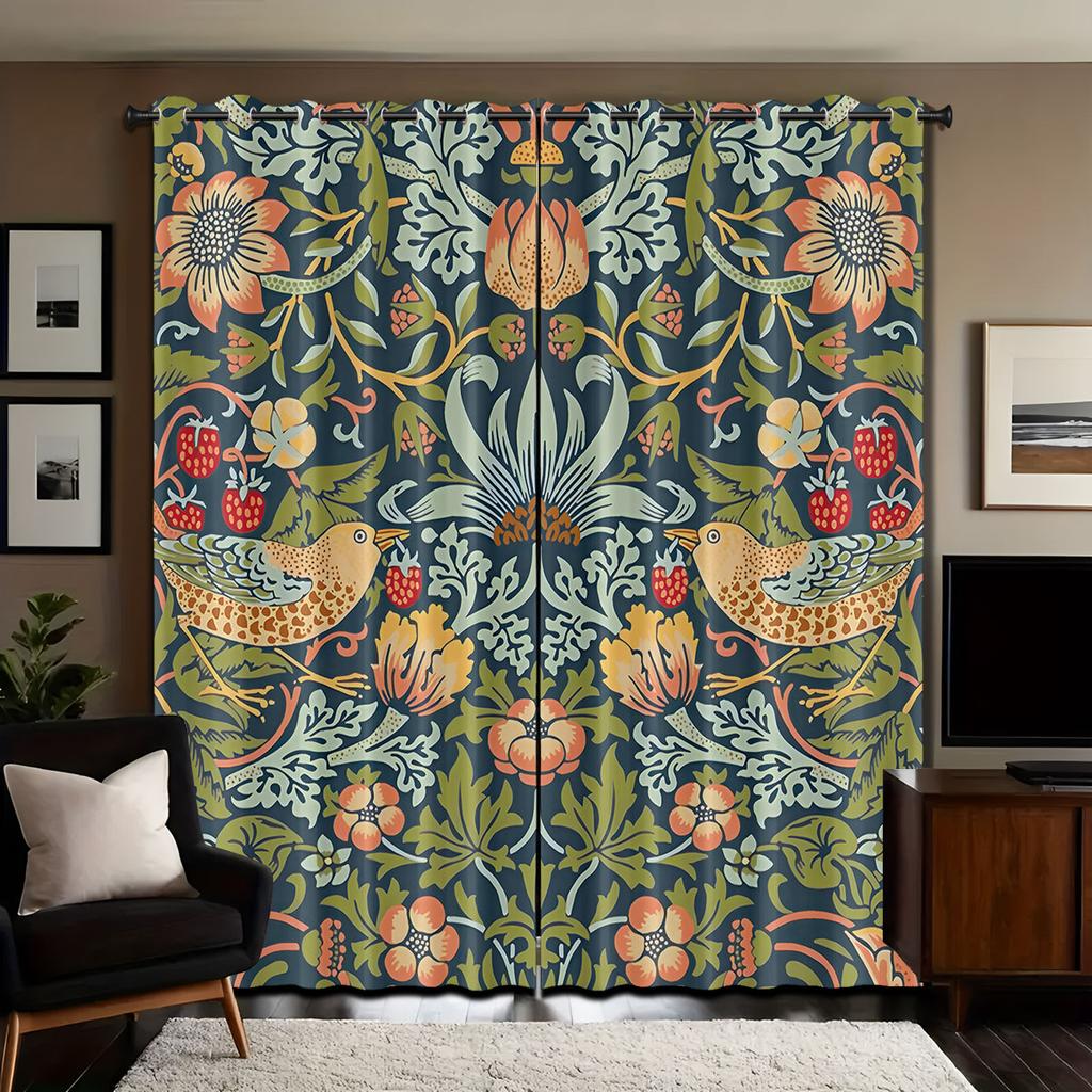 2pcs Retro Beautiful Pattern Printed Perforated Blackout Curtains Multiple Sizes Living Room And Bedroom Insulation Decoration
