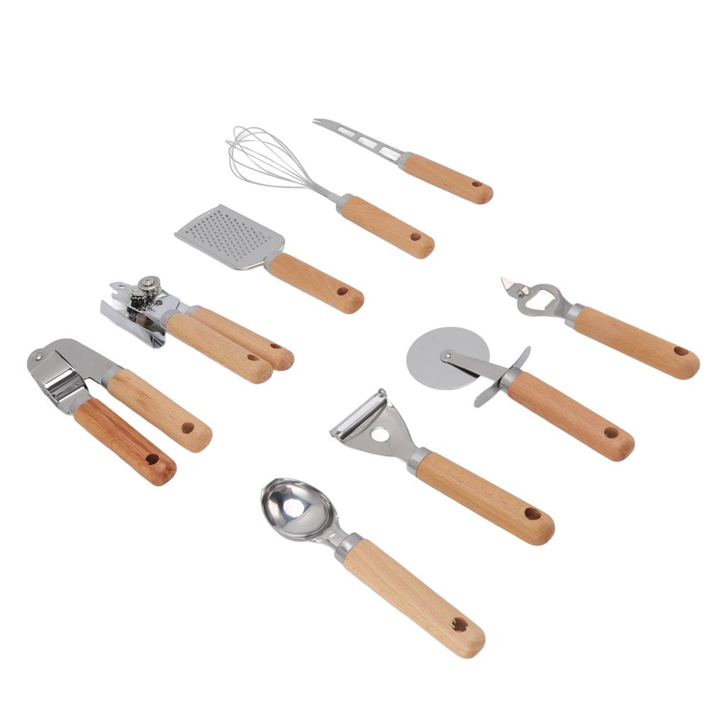 9pcs Kitchen Utensils Wooden Handle Stainless Steel Easy Cleaning Wear Resistant Colorful Package Co
