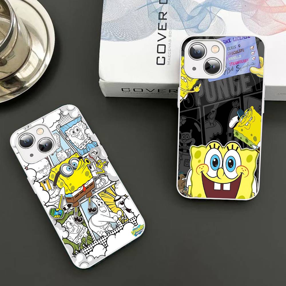 Cartoon Niedlich S-SpongeBob Anime Gehärtetes Glas Für Iphone 14 13 12 11 Pro Mini XS MAX 14Plus X XS XR Hüllen