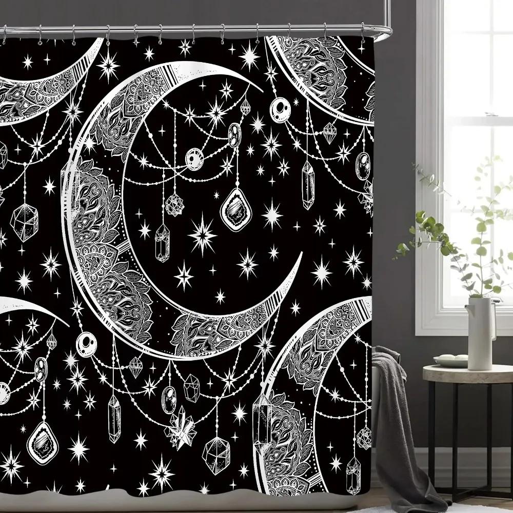 Shower Curtain Moon Star Black and White Waterproof Polyester Fabric Bathroom Curtains Home Decor Hooks