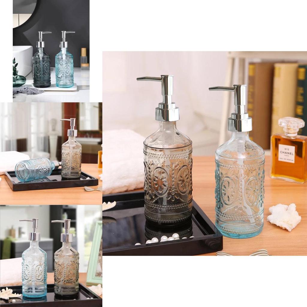Stylish Blue And Gray Glass Soap Dispenser 420ml Square Bottle For Lotion And Liquid Soap