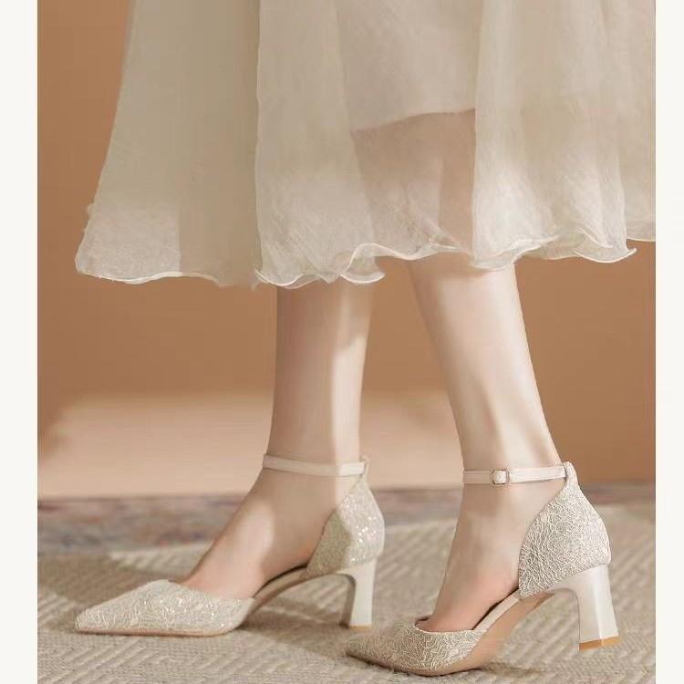 Pointed high heels women's thick heels hollow bag head one-word belt single shoes women's comfortable versatile sandals women