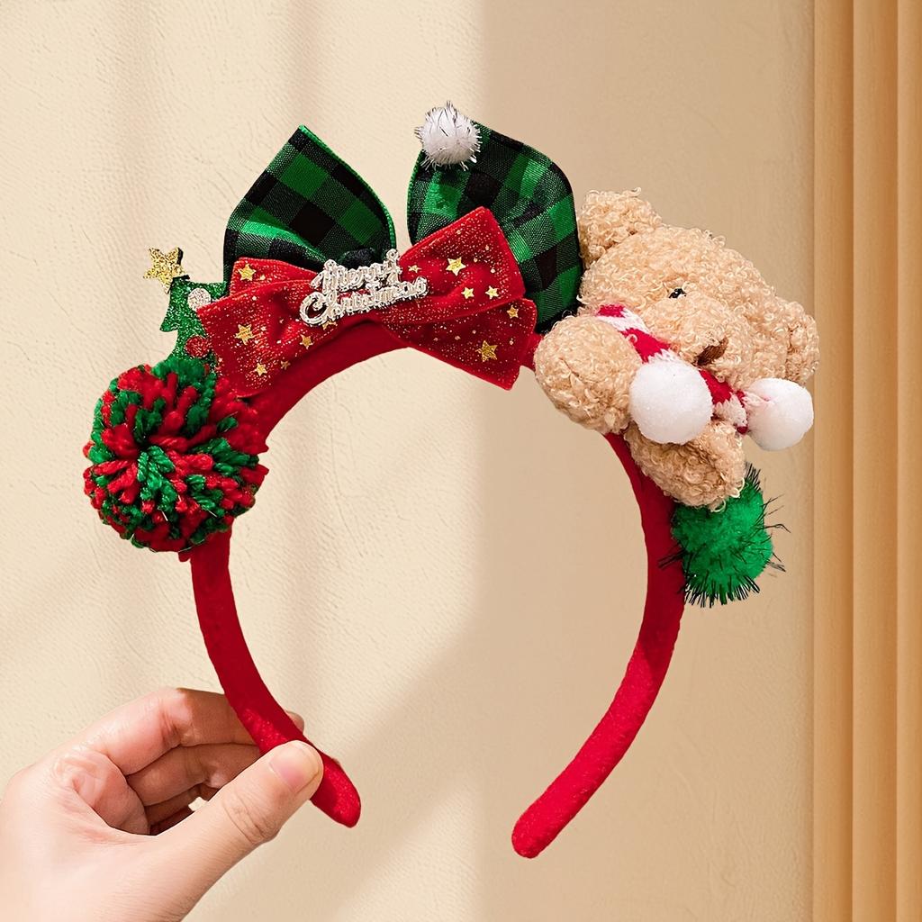 1 peça Tiara de Natal Ursinho Fofo com Orelhas Xadrez, Laço Vermelho e Verde e Pom-Pom - Acessório de Cabelo Festivo Macio e Confortável