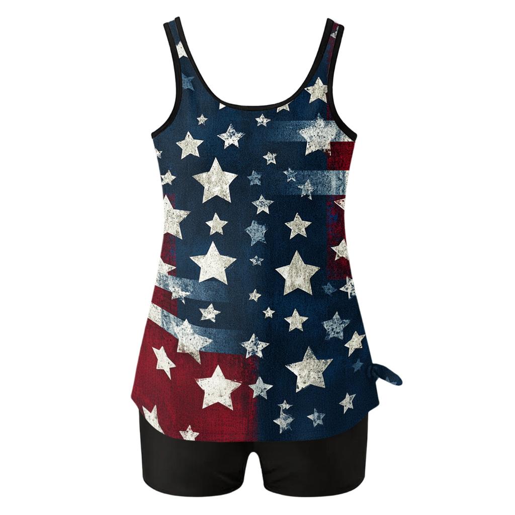 Women’s Tankini Swimsuit Set with Star and Stripe Print Sleeveless Top and Solid Swim Shorts for Beach Pool Wear