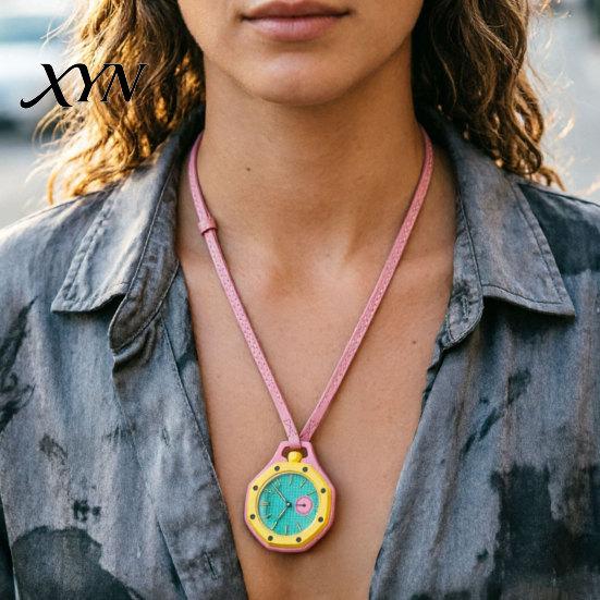 Vintage Pocket Watch Colorful Octagonal Watch, Mechanical Quartz Analog Hollow Case Fashion Accessory Necklace with Faux Leather Strap for Men Women