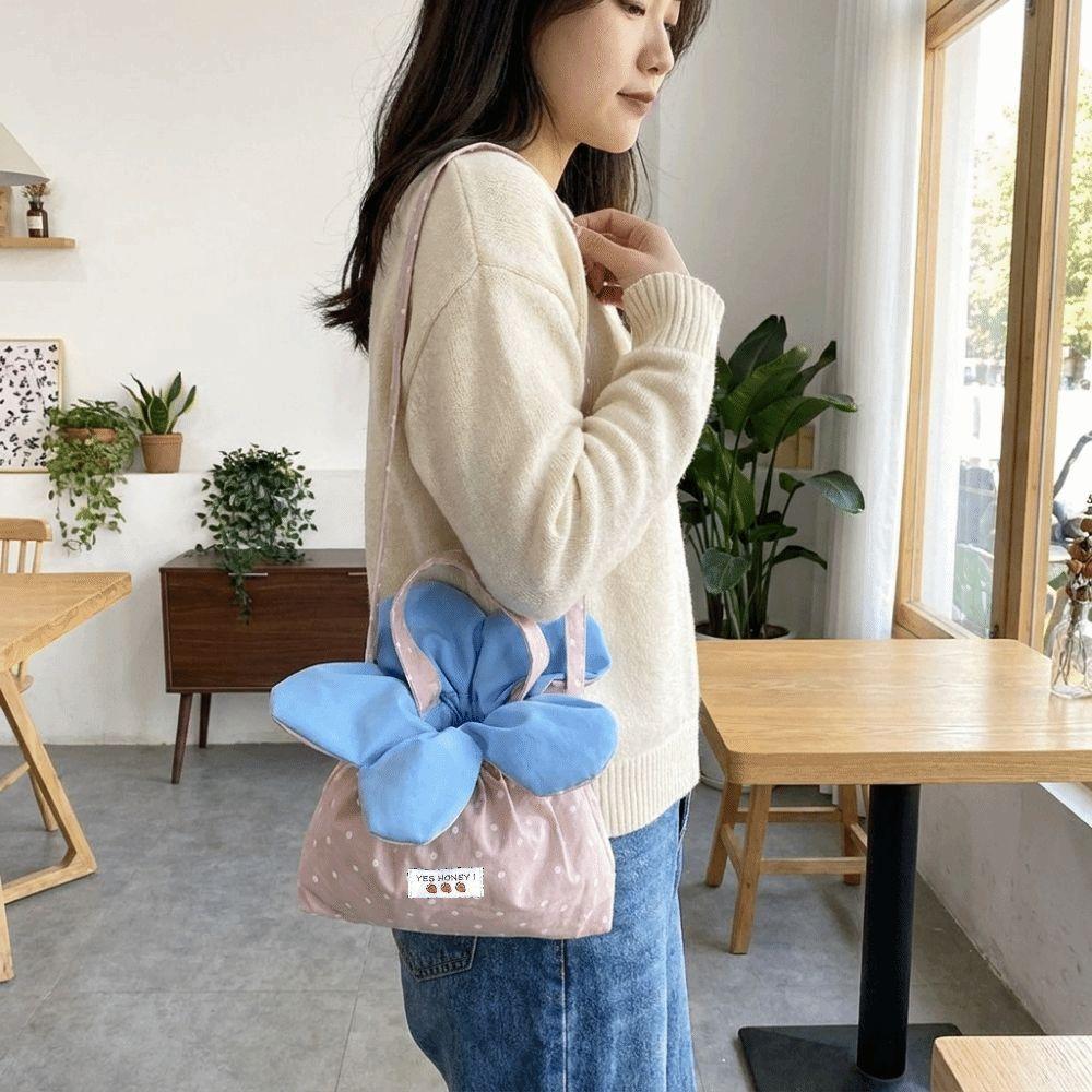 Bundle Pocket Canvas Shoulder Bag Polka Dot Flower Handbag Flower Drawstring Crossbody Bag  Travel