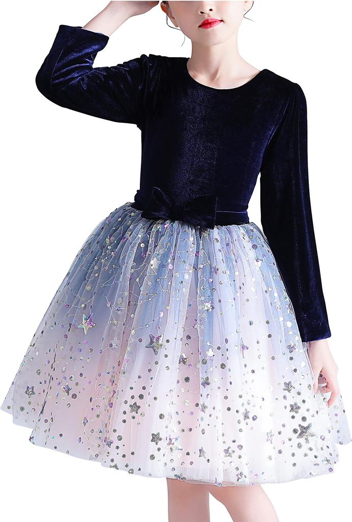 Weileenice Navy Recital Size Long Winter Formal Party Gradient Sequins Girls' Dress, 130, Sleeves, Clothes, Children's Dress, Velour, Pink, Kids,