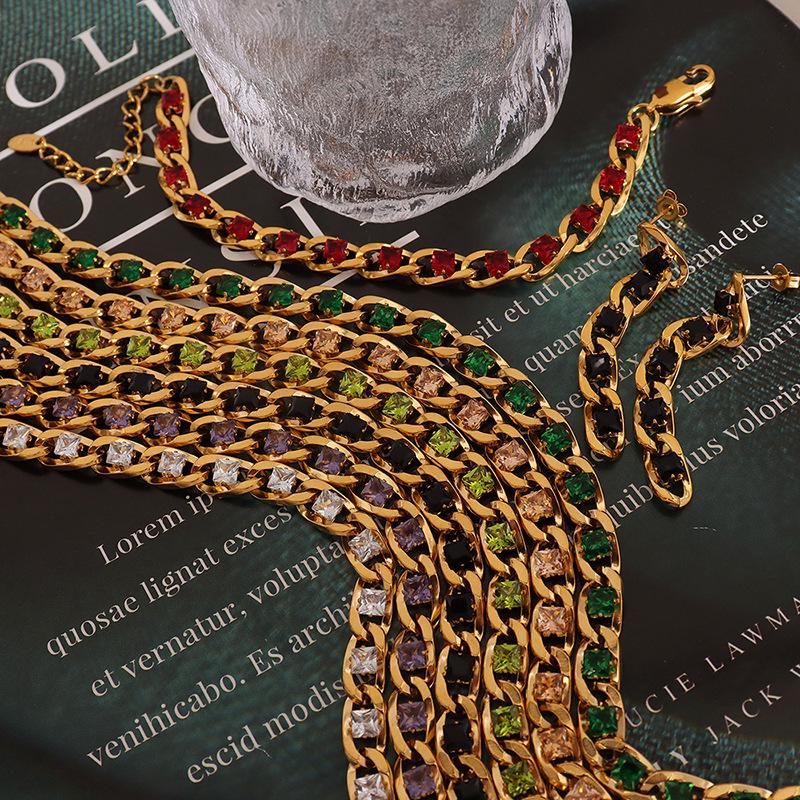 European Style Colorful Cubic Zirconia Jewelry Set with Diamond-Studded Necklace, Light Luxury Bracelet, and Exquisite Earrings