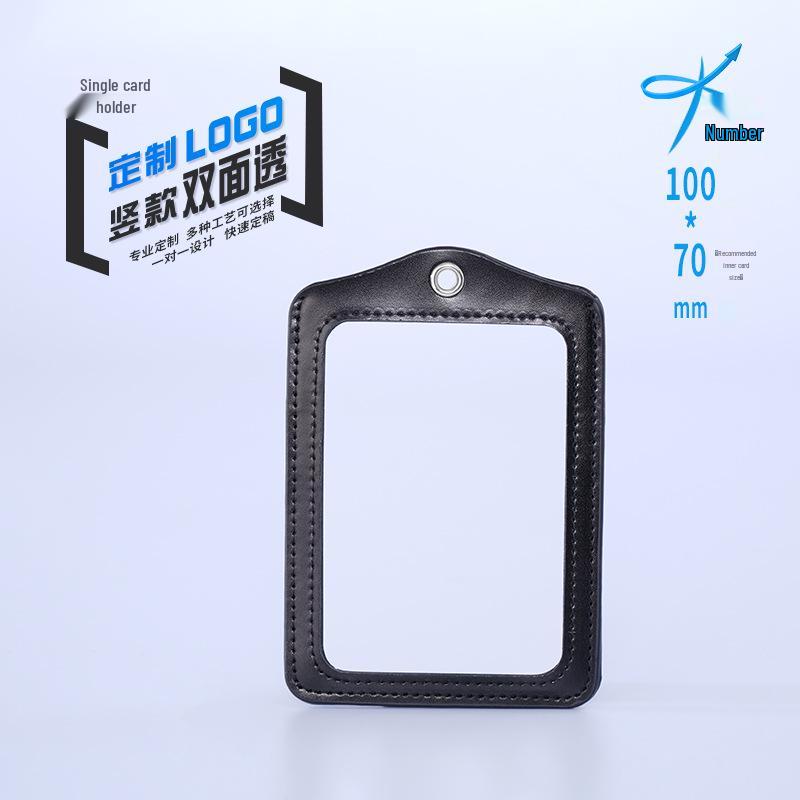 Wow Oh Genuine Leather Double-Sided ID Card Holder with Lanyard - Transparent Protective Sleeve for Work or Student Badges