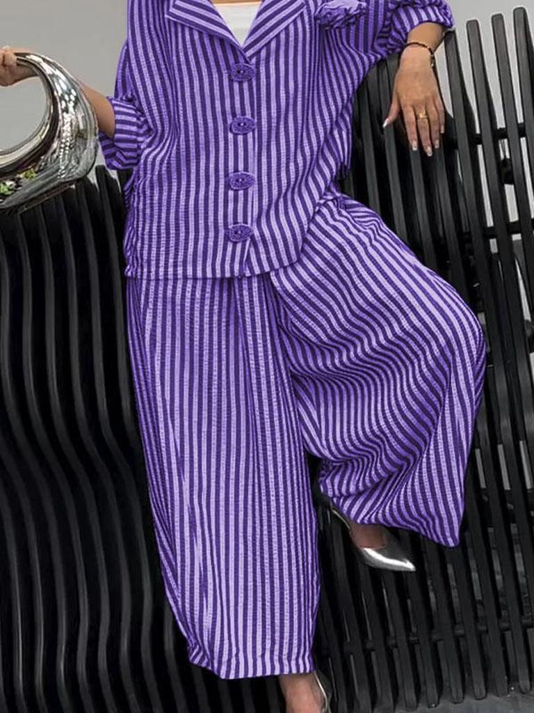 New Autumn Commute Style Floral Striped Loose Blazer Casual Suit Set