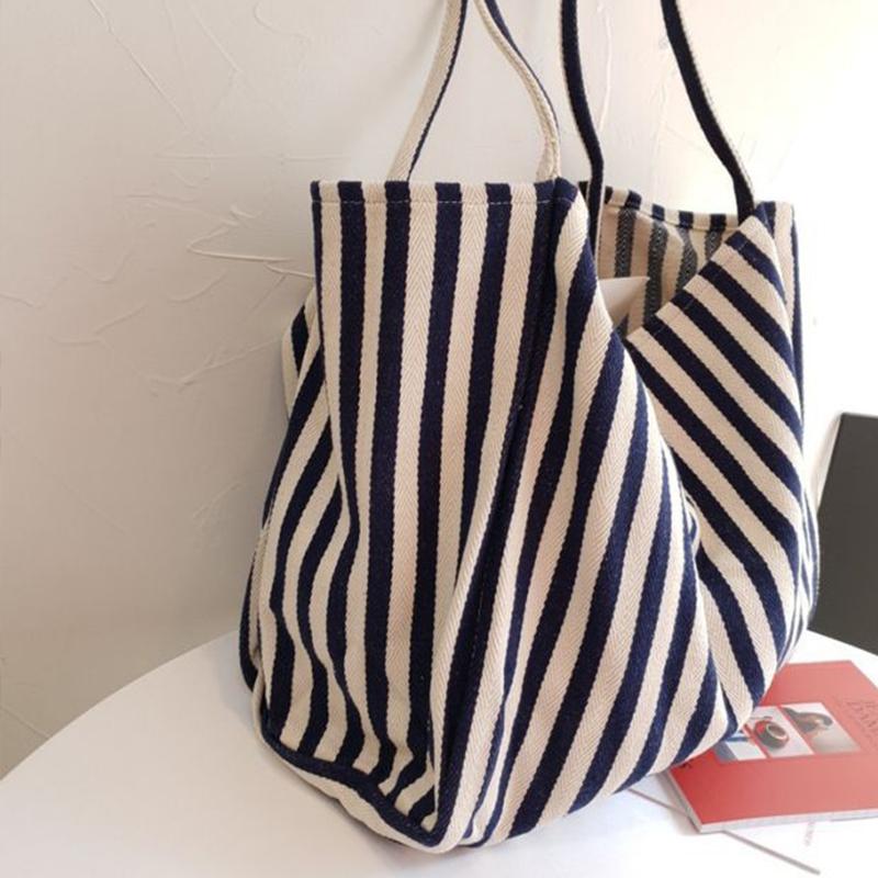 Borsa a Shopper da Donna in Tela di Grande Capacità Semplice Borsa a Spalla a Strisce Borsa a Mano con Manico Superiore Femminile Casual Multifunzionale da Viaggio