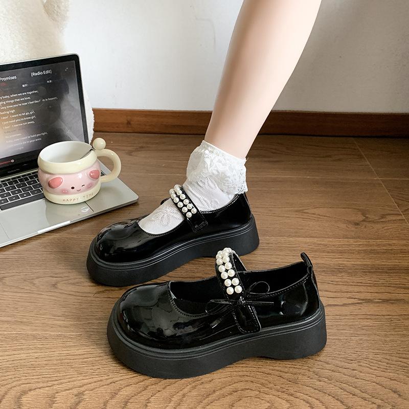 Retro pearl bow Mary Jane shoes women's 2025 summer new thick-soled heightening single shoes Japanese jk small leather shoes