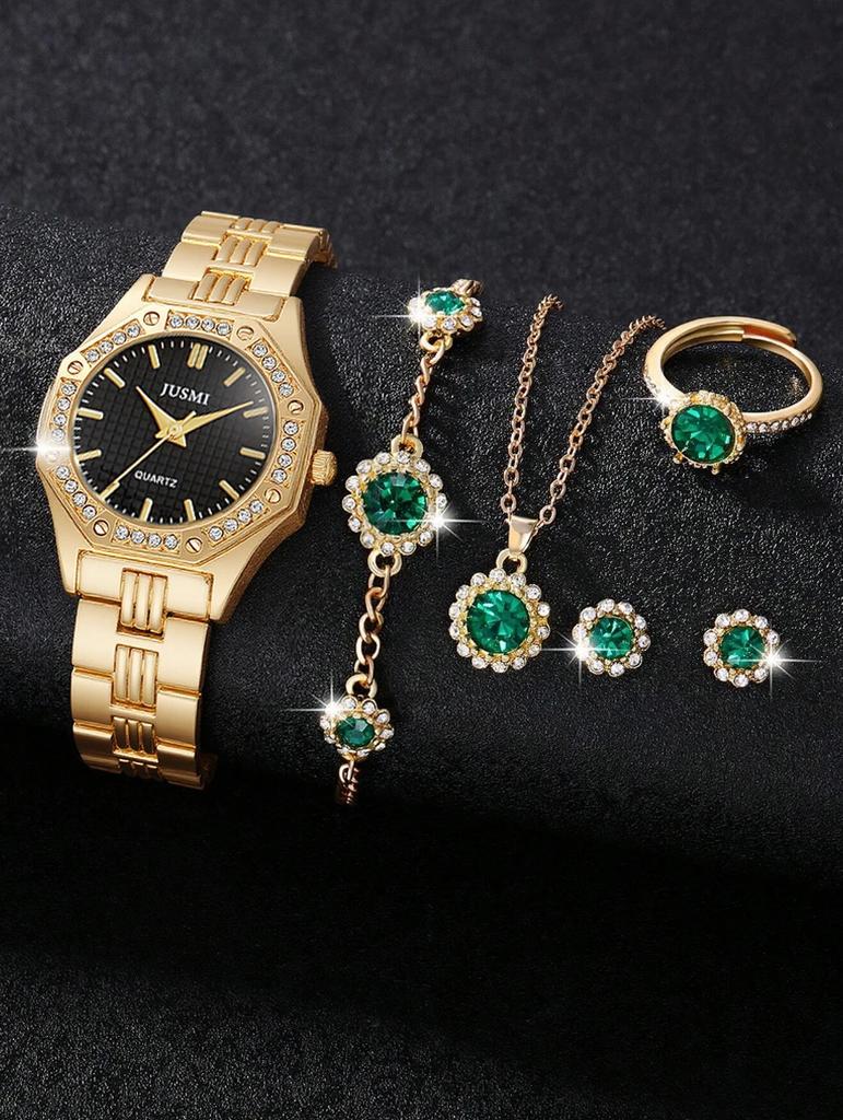 Vintage socialite style emerald gemstone watch six-piece gold watch necklace bracelet ring earrings set, suitable for dating, bi