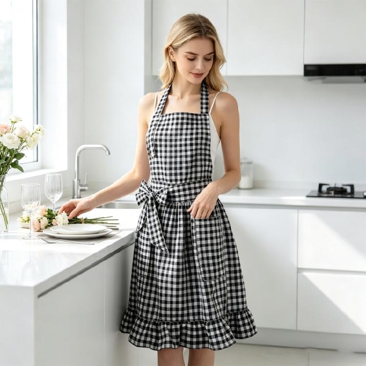 Cooking and Baking Apron with Checkered Pattern, 2 Front Pocket and Ruffle Lower Edge for Kitchen Wear Daily Use