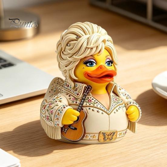 Charmante Entenskulptur mit Haaren, Neuheits-Schmuckstück, Gitarre mit musikalischem Thema, Kreative Musik-inspirierte Figuren-Dekoration, Dekorative Sammlerfigur für