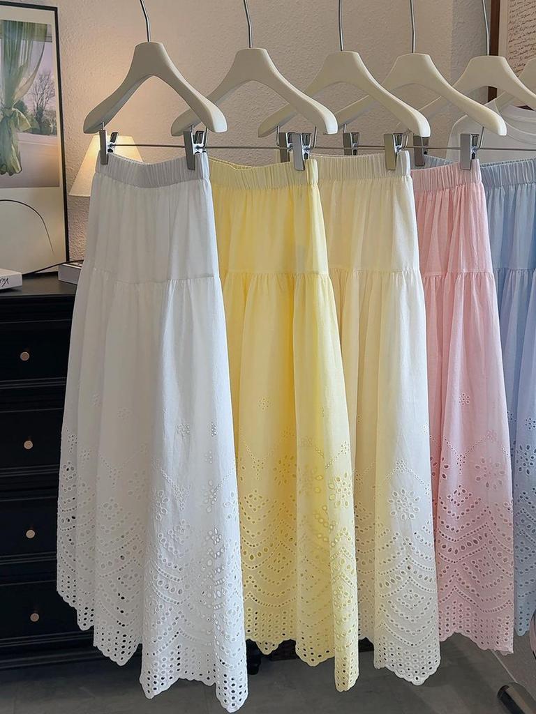 2026 Spring French Style Elastic Waist Lace A-line Skirt for Women
