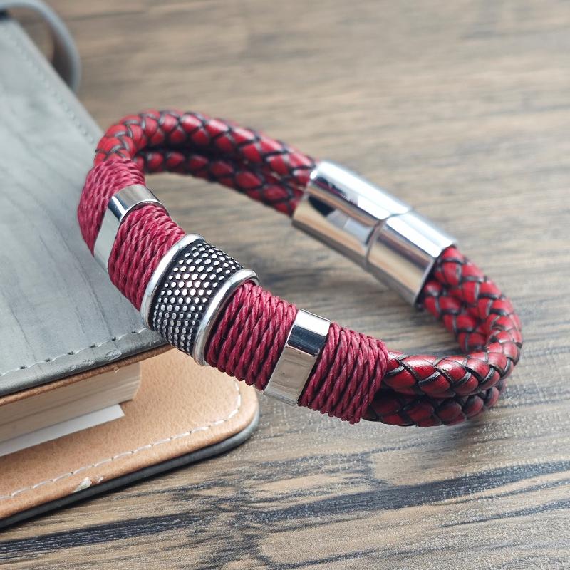 Men Bracelet High Quality Stainless Steel Red Braided Leather Wristband with Beads Magnetic Clasp Punk Jewelry Gift for Him